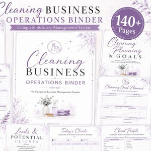 May include: A Cleaning Business Operations Binder with 140+ pages, featuring purple floral accents and various management templates including Cleaning Estimate, Quote, Payment Policy, Leads, Potential Clients, and Client Profile forms.