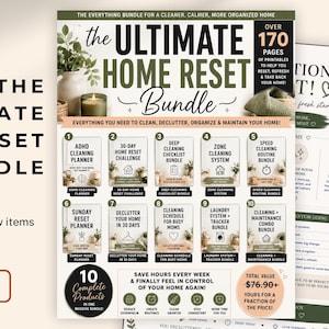 May include: The Ultimate Home Reset Bundle, a collection of printable planners for home organization. The cover features the title in large, bold letters, with a list of features and a call to action to get a copy. Includes over 170 pages.