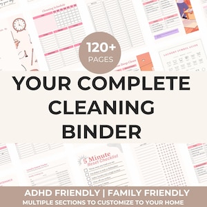 May include: A collection of printable cleaning binder pages with pink accents. The title "YOUR COMPLETE CLEANING BINDER" is prominently displayed. Includes a cleaning schedule, checklists, and a laundry symbol guide. The image also states "120+ PAGES".