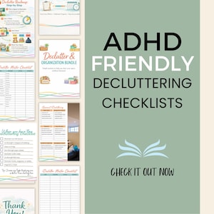 Op de afbeelding: Een verzameling afdrukbare checklists voor het opruimen met kleurrijke accenten. De checklists zijn ontworpen om te helpen bij de organisatie en bevatten titels als "Quick Wins" en "Decluttering Breakdown". De tekst "ADHD Friendly Decluttering Checklists" wordt weergegeven.