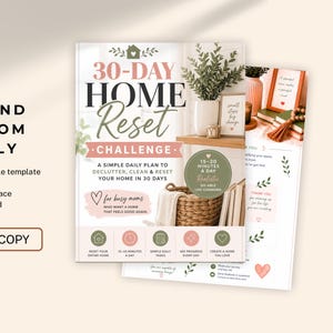 May include: A 30-Day Home Reset Challenge guide for busy moms, featuring a simple daily plan to declutter, clean, and reset your home in 30 days. The guide includes a 50+ page editable template and is ADHD and busy mom friendly.