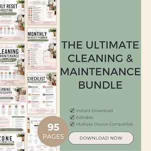 May include: A digital cleaning and maintenance bundle featuring 95 pages of printable planners, checklists, and guides. The documents include titles like The Daily Reset Routine, Home Reset System, and Cleaning Philosophy, all styled with sage green and soft pink accents.