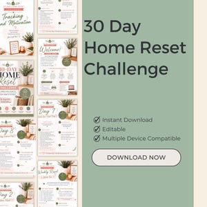 May include: A digital 30 Day Home Reset Challenge planner set featuring multiple pages with checklists, daily tasks, and tracking sheets. The design uses a soft color palette of sage green, white, and blush pink with text headers and icons.