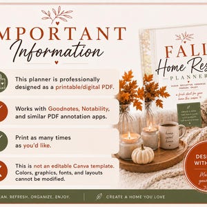 May include: A digital Fall Home Reset Planner PDF information sheet featuring text about printable features, app compatibility with Goodnotes and Notability, and non-editable Canva status. Includes a cozy scene with candles, a mug, and autumn leaves.