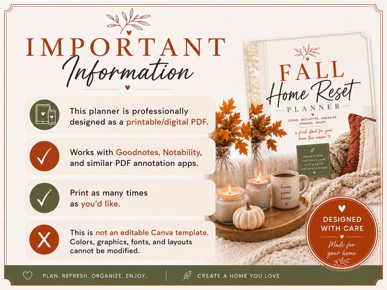 May include: A digital Fall Home Reset Planner PDF information sheet featuring text about printable features, app compatibility with Goodnotes and Notability, and non-editable Canva status. Includes a cozy scene with candles, a mug, and autumn leaves.