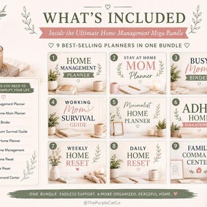 May include: A digital product bundle titled Ultimate Home Management Mega Bundle featuring nine planners: Home Management, Stay At Home Mom, Busy Mom, Working Mom Survival, Minimalist Home, ADHD Home Management, Weekly Home, Daily Home, and Family Command Center.