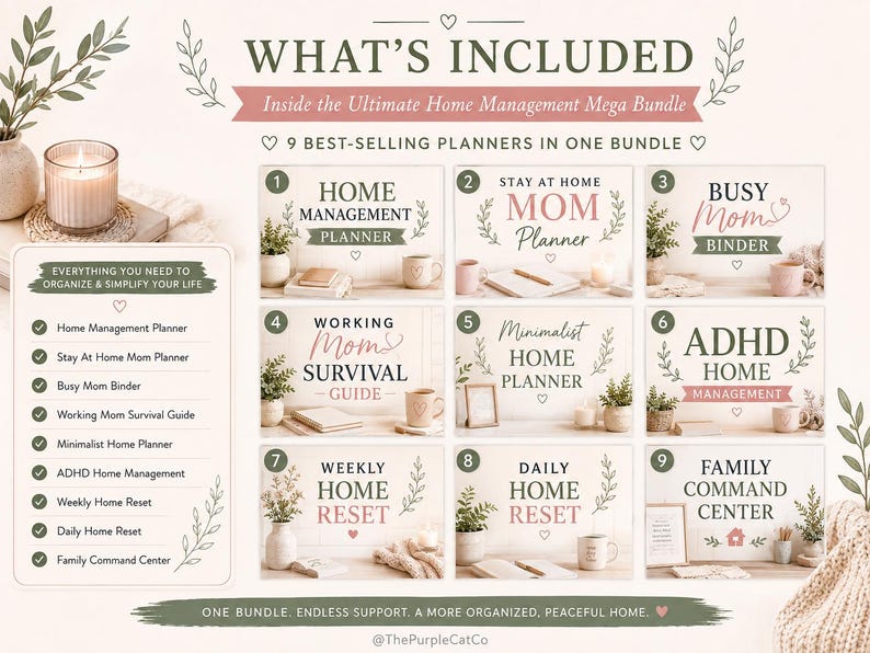 May include: A digital product bundle titled Ultimate Home Management Mega Bundle featuring nine planners: Home Management, Stay At Home Mom, Busy Mom, Working Mom Survival, Minimalist Home, ADHD Home Management, Weekly Home, Daily Home, and Family Command Center.