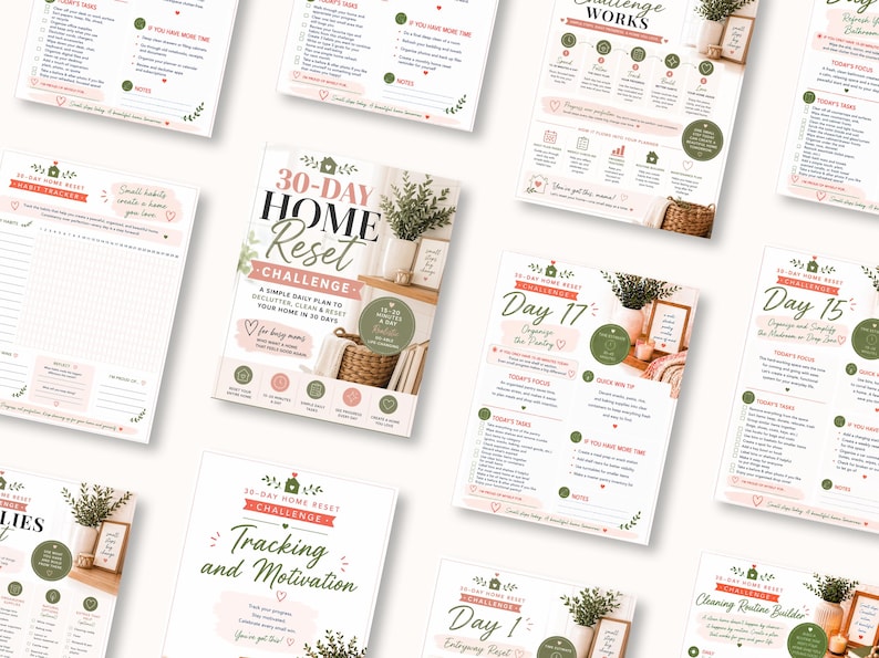 May include: A collection of 30-Day Home Reset Challenge printable sheets featuring daily task lists, habit trackers, and organizational guides. The documents include text such as 30-Day Home Reset Challenge, Day 17, Day 15, and Tracking and Motivation.