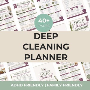 Op de afbeelding: Een digitale deep cleaning planner bundel met meer dan 40 pagina's aan checklists voor diverse kamers, waaronder de wasruimte en badkamers. De documenten hebben een kleurenschema van wit, saliegroen en donkerpaars met koppen zoals Deep Cleaning Planner.