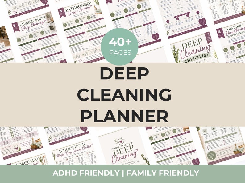 Op de afbeelding: Een digitale deep cleaning planner bundel met meer dan 40 pagina's aan checklists voor diverse kamers, waaronder de wasruimte en badkamers. De documenten hebben een kleurenschema van wit, saliegroen en donkerpaars met koppen zoals Deep Cleaning Planner.