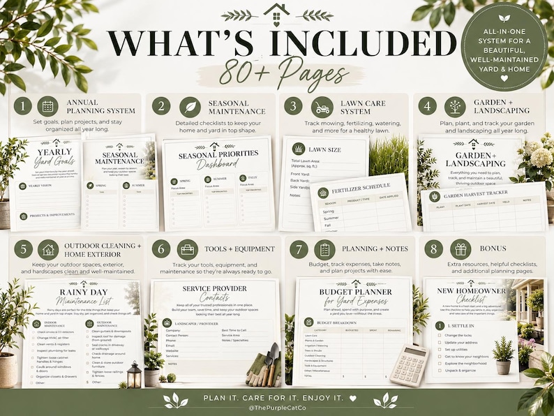May include: A digital planner set featuring over 80 pages for yard and home maintenance. Sections include annual planning, seasonal maintenance, lawn care, garden landscaping, outdoor cleaning, service contacts, budget planning, and a new homeowner checklist.