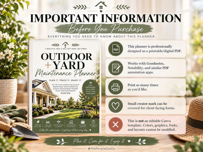 May include: An Outdoor + Yard Maintenance Planner digital PDF guide featuring a cover with a house and garden image. The text includes Important Information Before You Purchase, detailing compatibility with PDF apps, printability, and non-editable status.