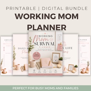 Pode incluir: Um pacote digital com um "Working Mom Survival Planner" com capas rosa e brancas. A imagem inclui um planejador, cadernos, canecas e itens decorativos. O texto inclui "Printable | Digital Bundle" e "Perfect for Busy Moms and Families."