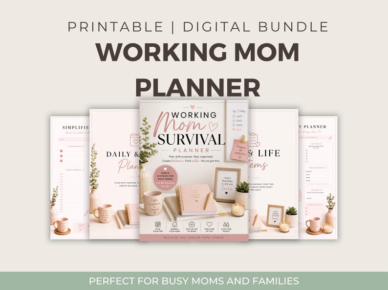 Pode incluir: Um pacote digital com um "Working Mom Survival Planner" com capas rosa e brancas. A imagem inclui um planejador, cadernos, canecas e itens decorativos. O texto inclui "Printable | Digital Bundle" e "Perfect for Busy Moms and Families."