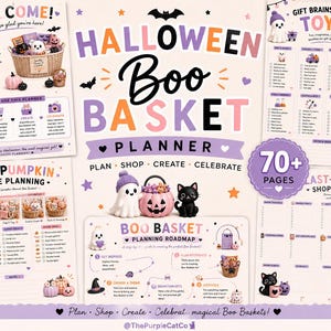 Może przedstawiać: Planer koszyków na Halloween z ponad 70 stronami, zawierający listy kontrolne, harmonogramy planowania i pomysły na prezenty. Projekt zawiera fioletowy, pomarańczowy i czarny tekst oraz ilustracje duchów, dyń i kotów.