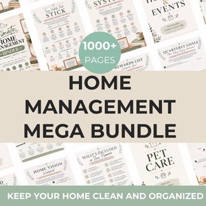 May include: A digital home management mega bundle featuring over 1000 pages of printable planner templates. The collection includes sections for home vision, pet care, emergency prep, quarterly goals, and events, all with a neutral color palette.