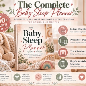 Puede incluir: El Baby Sleep Planner es un libro de más de 100 páginas para bebés de 0 a 24 meses, con rutinas, siestas, ventanas de vigilia y seguimiento del sueño. Es un PDF imprimible y digital que incluye hojas de trabajo para registrar el progreso.