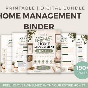 Op de afbeelding: Een printbare digitale huishoudmap-bundel met meer dan 190 pagina's. De omslag bevat de tekst Ultimate Home Management Binder, Plan It, Organize It, Simplify It, Enjoy It en Your Home, Your Plan, Your Peace of Mind.