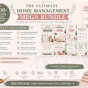 May include: A digital home management mega bundle featuring over 1000 pages of printable planners. The set includes ten distinct systems such as a home management binder, family command center, and ADHD home management system, all in PDF format.