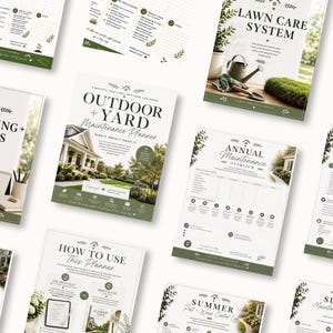 May include: A collection of printable pages for an Outdoor and Yard Maintenance Planner, featuring titles like Lawn Care System, Planning and Notes, and Annual Maintenance Overview, with green accents, botanical illustrations, and instructional text.