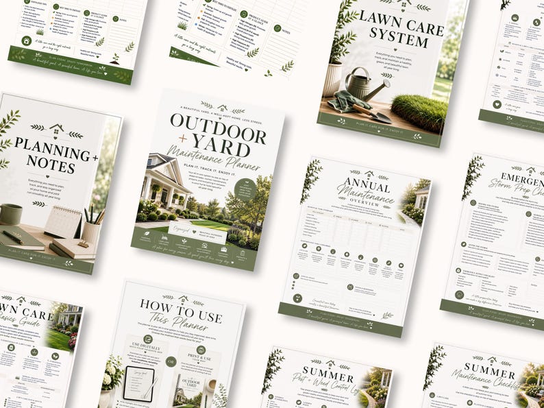 May include: A collection of printable pages for an Outdoor and Yard Maintenance Planner, featuring titles like Lawn Care System, Planning and Notes, and Annual Maintenance Overview, with green accents, botanical illustrations, and instructional text.