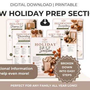 May include: A digital printable holiday prep planner set featuring multiple pages including a Holiday Shopping List, Decoration Inventory, Holiday Decorating Planner, and Gift Ideas Brainstorm. The documents contain text, lists, and seasonal imagery with a brown and green color scheme.