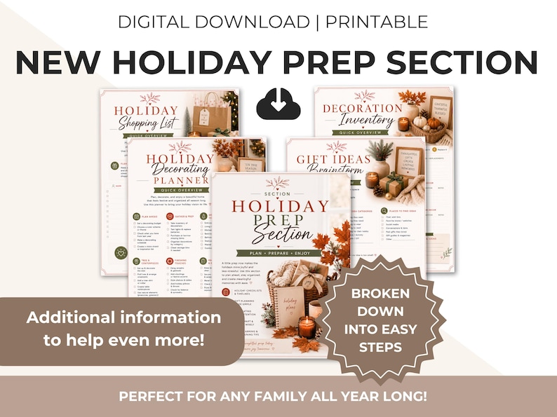 May include: A digital printable holiday prep planner set featuring multiple pages including a Holiday Shopping List, Decoration Inventory, Holiday Decorating Planner, and Gift Ideas Brainstorm. The documents contain text, lists, and seasonal imagery with a brown and green color scheme.
