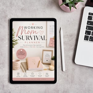 May include: A digital tablet displaying a Working Mom Survival Planner cover with pink and white accents. The screen shows text, a pink notebook, a candle, and a framed quote. A white stylus rests beside the tablet on a gray surface.