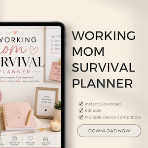 Pode incluir: Um planejador digital intitulado "Working Mom Survival Planner" exibido em um tablet. O planejador inclui se&ccedil;&otilde;es para planejamento, gerenciamento dom&eacute;stico, manter-se atualizado sobre o trabalho, autocuidado e amar as pessoas. A imagem tamb&eacute;m mostra um caderno, caneta e arte emoldurada.