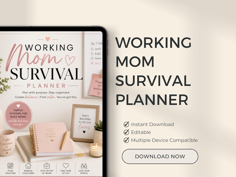 Pode incluir: Um planejador digital intitulado "Working Mom Survival Planner" exibido em um tablet. O planejador inclui se&ccedil;&otilde;es para planejamento, gerenciamento dom&eacute;stico, manter-se atualizado sobre o trabalho, autocuidado e amar as pessoas. A imagem tamb&eacute;m mostra um caderno, caneta e arte emoldurada.