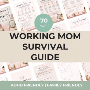 Pode incluir: Um planejador digital intitulado "Working Mom Survival Guide" com 70 p&aacute;ginas, projetado para ajudar m&atilde;es que trabalham. O planejador inclui se&ccedil;&otilde;es para planejamento semanal e auditorias de vida. &Eacute; compat&iacute;vel com TDAH e fam&iacute;lias.