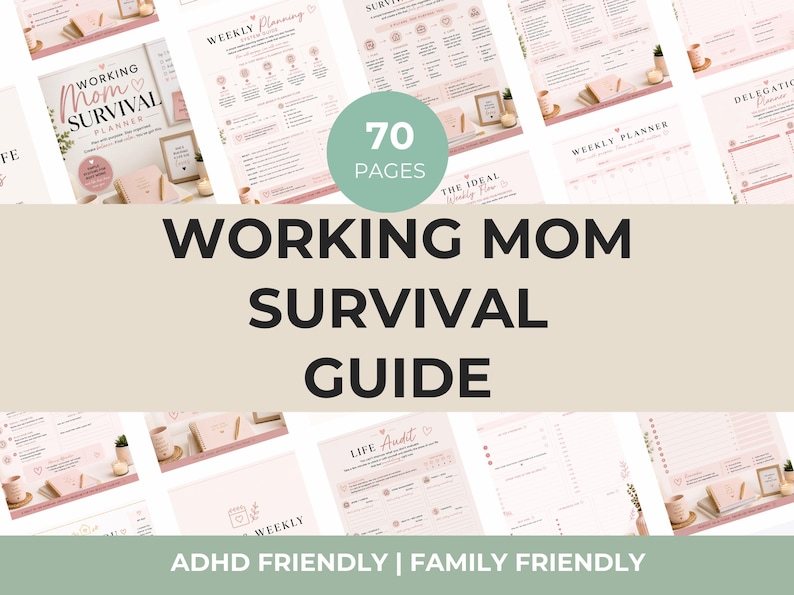 Pode incluir: Um planejador digital intitulado "Working Mom Survival Guide" com 70 p&aacute;ginas, projetado para ajudar m&atilde;es que trabalham. O planejador inclui se&ccedil;&otilde;es para planejamento semanal e auditorias de vida. &Eacute; compat&iacute;vel com TDAH e fam&iacute;lias.