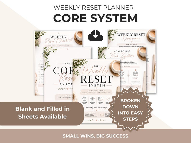 May include: A digital weekly reset planner system featuring multiple printable sheets with text including Weekly Reset Checklist, Weekly Reset Overview, and The Weekly Reset System. The pages contain botanical leaf illustrations, icons, and coffee cup graphics.