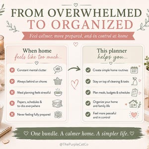 May include: A digital planner infographic titled From Overwhelmed to Organized. It features two columns comparing feelings of home stress with solutions provided by the planner, including lists with checkmarks and icons, set against a neutral background.