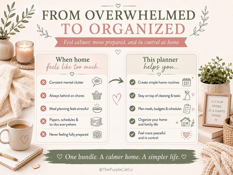 May include: A digital planner infographic titled From Overwhelmed to Organized. It features two columns comparing feelings of home stress with solutions provided by the planner, including lists with checkmarks and icons, set against a neutral background.