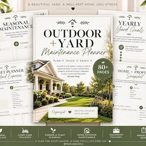 May include: An Outdoor + Yard Maintenance Planner with 80+ pages, featuring sections for seasonal maintenance, yearly yard goals, budget planning, and home property snapshots. The cover displays a house with a green lawn and garden.