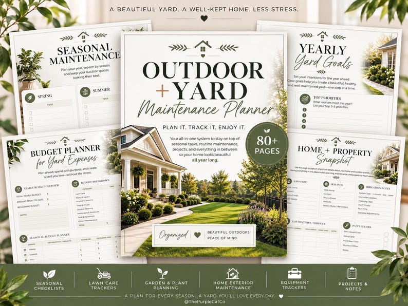 May include: An Outdoor + Yard Maintenance Planner with 80+ pages, featuring sections for seasonal maintenance, yearly yard goals, budget planning, and home property snapshots. The cover displays a house with a green lawn and garden.