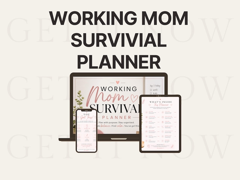 Pode incluir: Um planejador digital intitulado "Working Mom Survival Planner" exibido em um laptop, tablet e smartphone. O design do planejador inclui detalhes em rosa e o texto "Planeje com prop&oacute;sito. Mantenha-se organizado. Encontre o equil&iacute;brio. Voc&ecirc; consegue!"