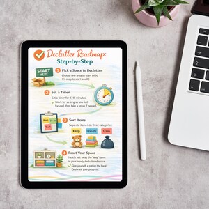 May include: A tablet displays a decluttering roadmap with step-by-step instructions. The guide includes picking a space, setting a timer, sorting items, and resetting the space. A stylus, laptop, and plant are also visible.