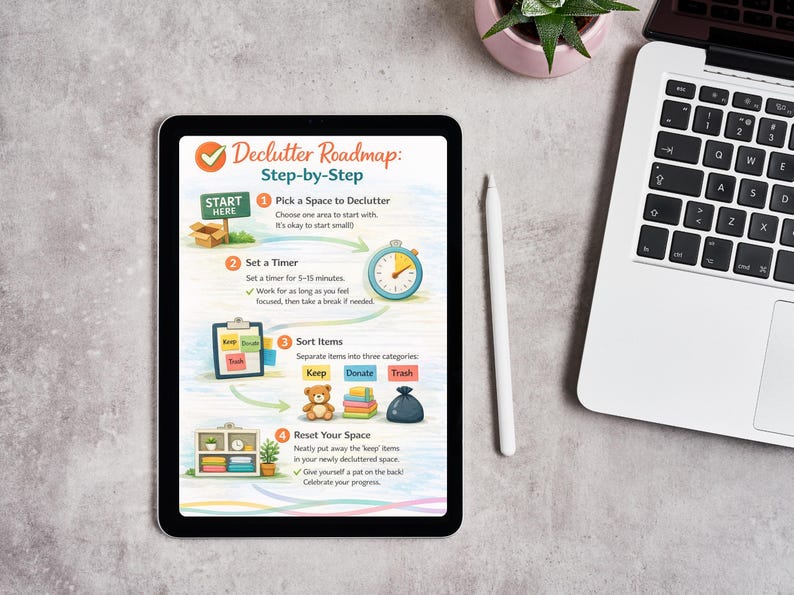 May include: A tablet displays a decluttering roadmap with step-by-step instructions. The guide includes picking a space, setting a timer, sorting items, and resetting the space. A stylus, laptop, and plant are also visible.