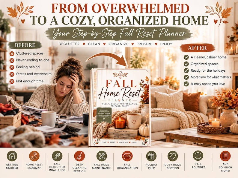 May include: A Fall Home Reset Planner book with a white cover featuring autumn leaves, a candle, and a mug. The cover text reads Fall Home Reset Planner, Clean, Declutter, Organize, Prepare, Enjoy. The background shows a before and after home scene.