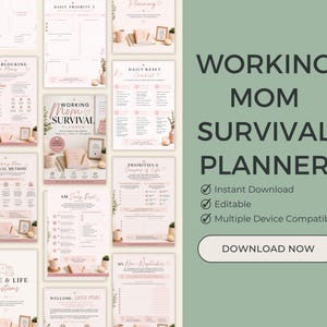 Pode incluir: Um planejador digital em tons de rosa e branco, com p&aacute;ginas para planejamento di&aacute;rio. O t&iacute;tulo "WORKING MOM SURVIVAL PLANNER" &eacute; exibido em destaque. Inclui os textos "Download instant&acirc;neo", "Edit&aacute;vel" e "Compat&iacute;vel com v&aacute;rios dispositivos".