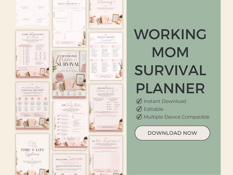 Pode incluir: Um planejador digital em tons de rosa e branco, com p&aacute;ginas para planejamento di&aacute;rio. O t&iacute;tulo "WORKING MOM SURVIVAL PLANNER" &eacute; exibido em destaque. Inclui os textos "Download instant&acirc;neo", "Edit&aacute;vel" e "Compat&iacute;vel com v&aacute;rios dispositivos".