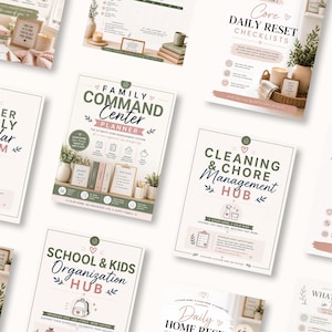 May include: A collection of digital planner pages featuring titles such as Family Command Center Planner, Master Family Calendar System, and Cleaning & Chore Management Hub, with soft green and pink accents, icons, and organized text layouts.