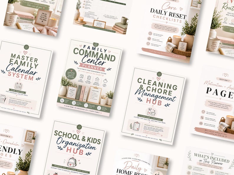 May include: A collection of digital planner pages featuring titles such as Family Command Center Planner, Master Family Calendar System, and Cleaning & Chore Management Hub, with soft green and pink accents, icons, and organized text layouts.