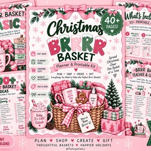May include: A Christmas Brrrr Basket planner and printable kit featuring a woven basket filled with pink gifts, a mug, and a gingerbread cookie. The design includes text like Christmas Brrrr Basket, 40+ pages, and various holiday-themed checklists.