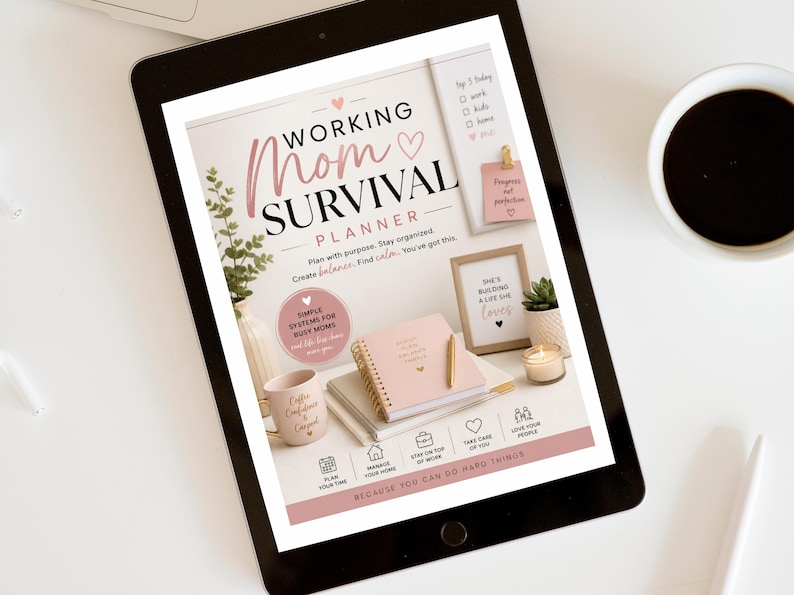 Pode incluir: Um tablet digital exibe um planejador rosa e branco intitulado "Working Mom Survival Planner". A imagem inclui uma x&iacute;cara de caf&eacute;, uma caneta e artigos de papelaria. O tablet est&aacute; em uma superf&iacute;cie branca.