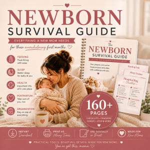 Newborn Survival Guide Planner | New Mom Organizer, Postpartum Planner, Baby Tracker, Feeding Log, 160+ Page Printable PDF