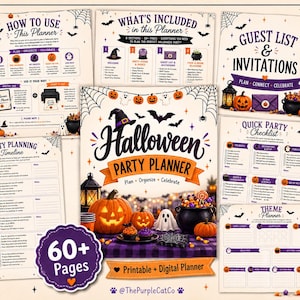 May include: A Halloween party planner set featuring a cover page with a pumpkin, cauldron, and ghost illustration, alongside multiple printable pages including a party planning timeline, guest list, invitations, and a quick party checklist.