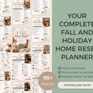 May include: A digital planner set titled Fall Home Reset Planner with 95+ pages. The layout features multiple checklists for deep cleaning rooms like the pantry, garage, and home office, decorated with autumn-themed imagery and text.